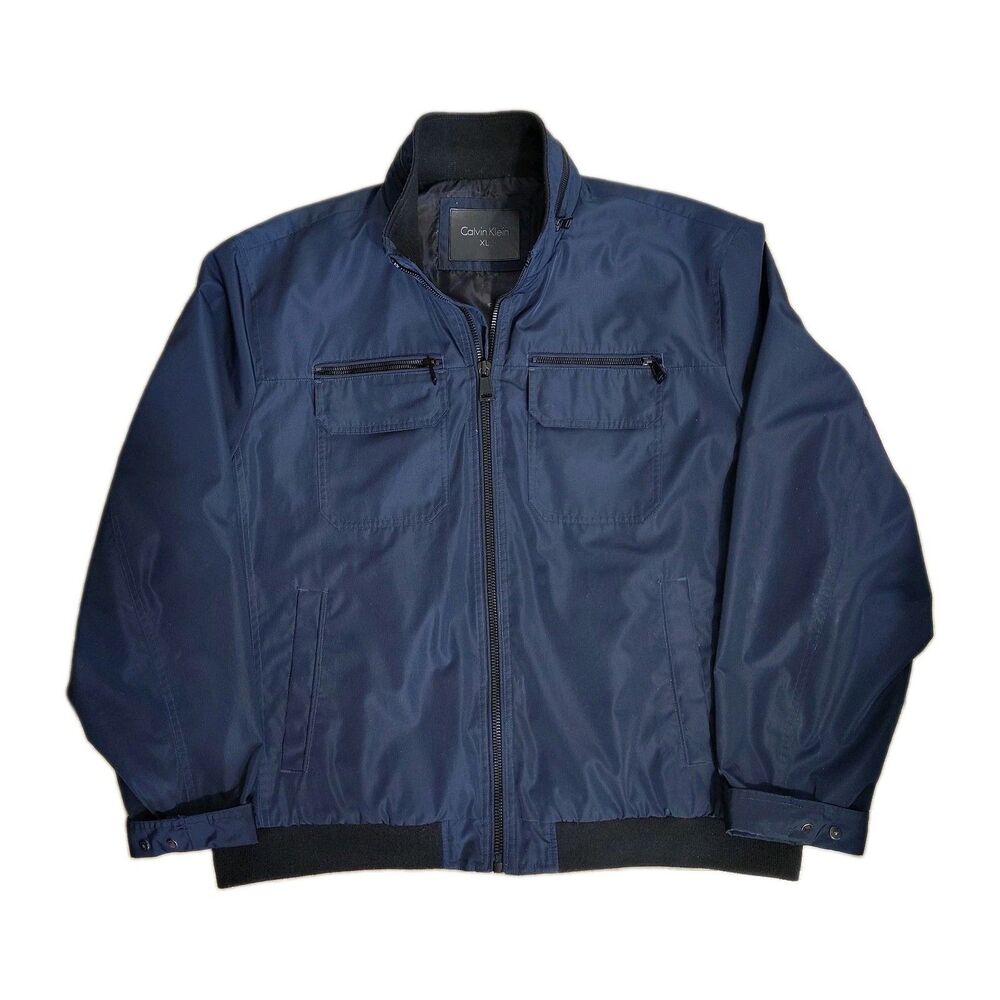 Calvin Klein Mens Blue Jacket XL Water Wind Resistant Zip Up Polyester